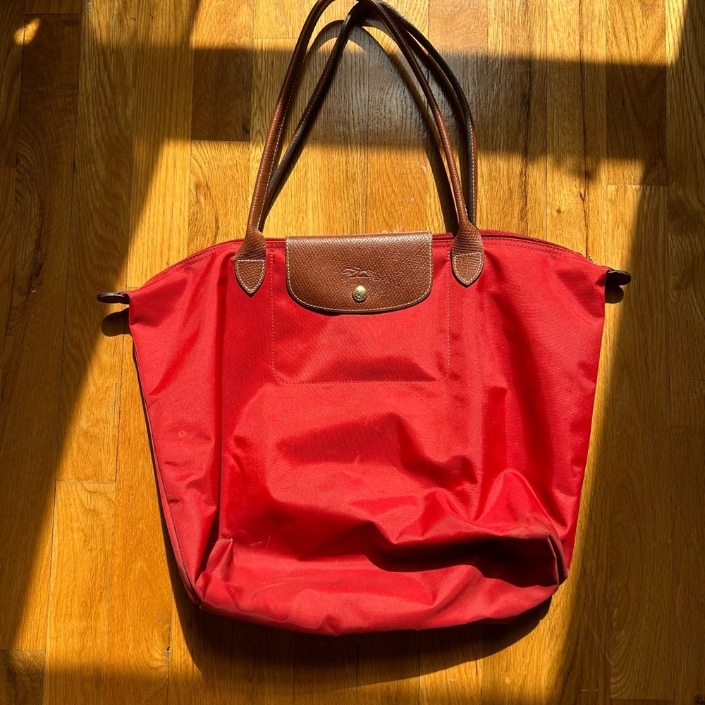 Longchamp Red Tote with Brown Leather Trim